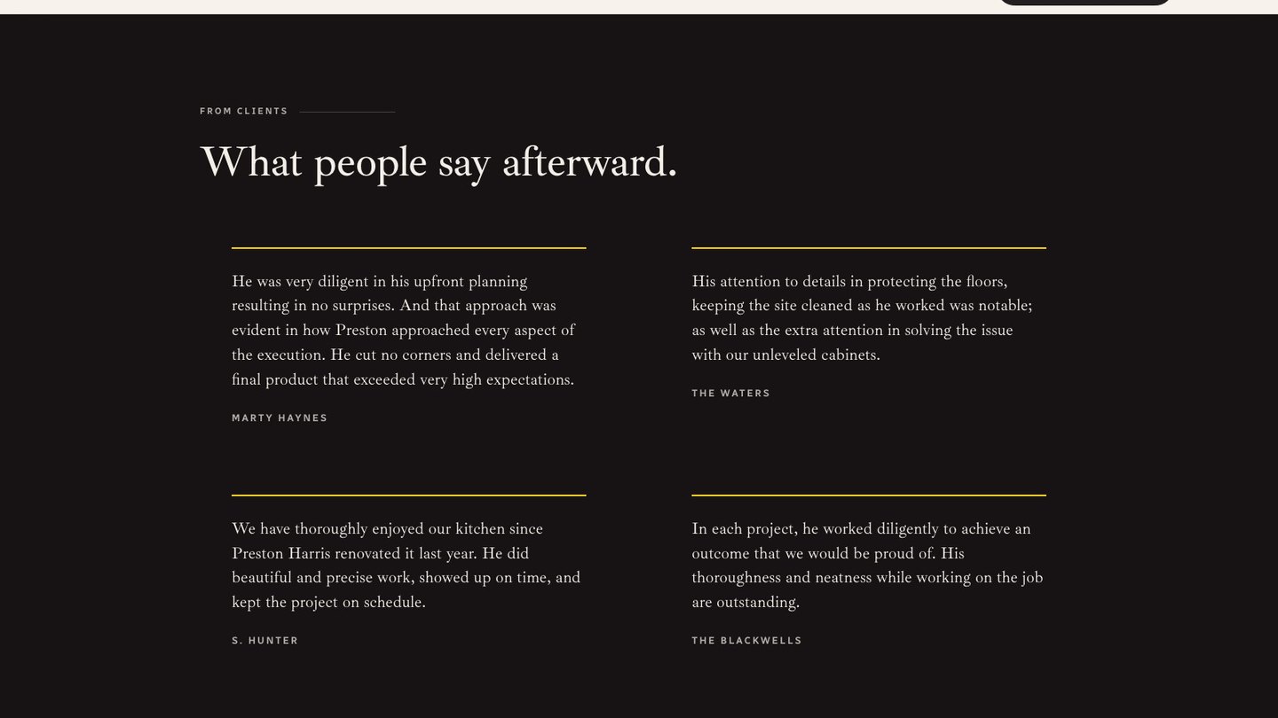 The client reviews section of the new homepage